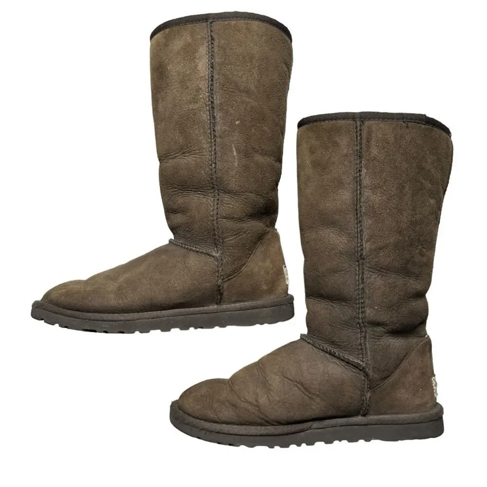 UGG Women's Classic Tall Boots Brown Sherpa Lined Sheepskin Leather Size 6.5